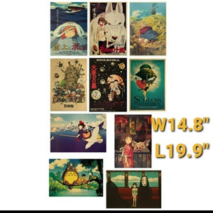 May include: Set of eight vintage-style movie posters featuring scenes from Studio Ghibli films. The posters are printed on paper and feature Japanese text and images. The posters are approximately 14.8 inches wide and 19.9 inches long.