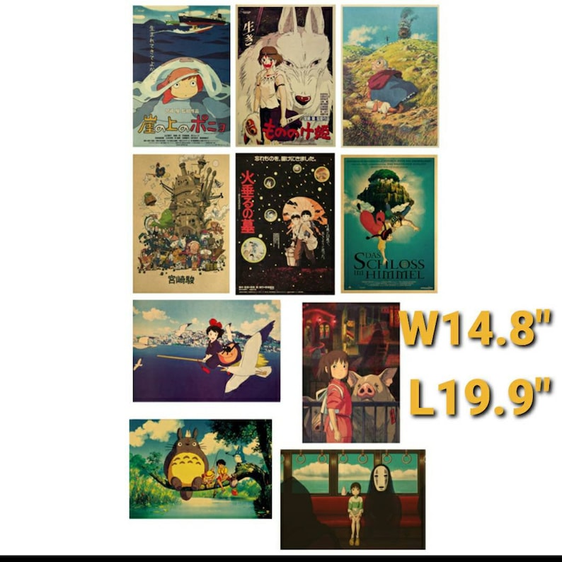 May include: Set of eight vintage-style movie posters featuring scenes from Studio Ghibli films. The posters are printed on paper and feature Japanese text and images. The posters are approximately 14.8 inches wide and 19.9 inches long.