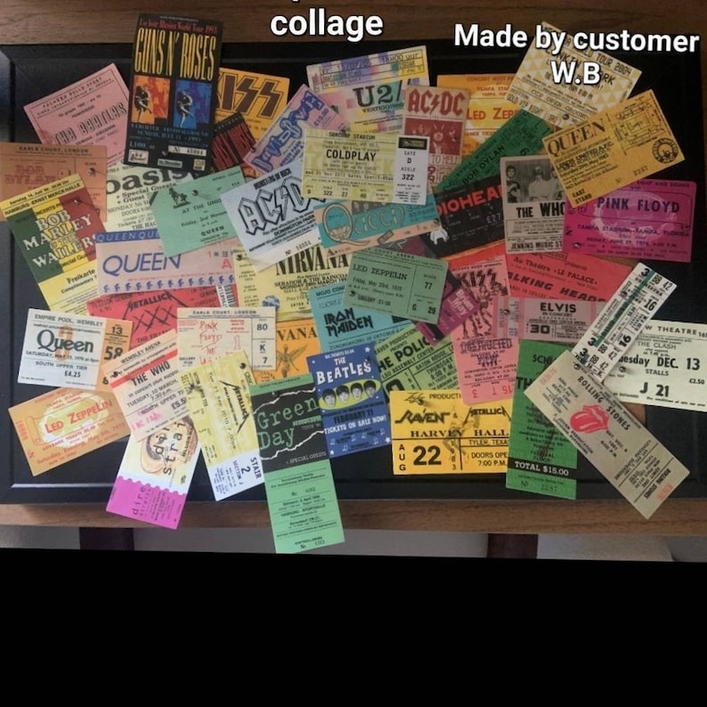 K&ouml;nnte beinhalten: Eine Collage aus bunten Konzerttickets mit verschiedenen Bands, darunter Guns N' Roses, U2, AC/DC, Queen, Pink Floyd, Led Zeppelin, Iron Maiden, The Beatles, Green Day und viele mehr. Die Tickets sind in einem zuf&auml;lligen Muster auf einer dunklen Oberfl&auml;che angeordnet.