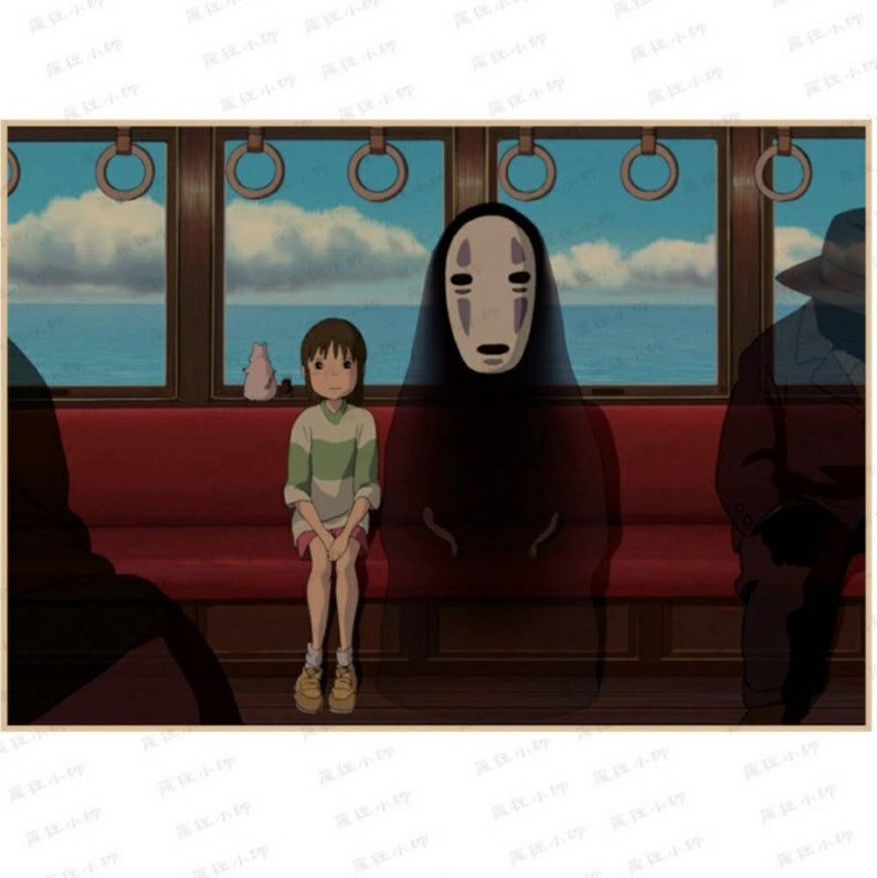 May include: A scene from the animated film Spirited Away, featuring a young girl with short brown hair sitting on a red bench. She is wearing a green and white striped shirt. A large, faceless spirit with a white mask is sitting next to her. The spirit is wearing a black robe. The scene is set on a train, with windows on either side of the bench.