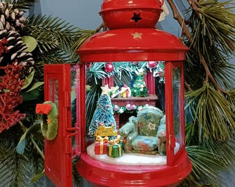 Handmade Tabletop Family Christmas LED Red Lantern - Family Christmas Scene Diorama Lighted Lantern Decoration Limited item