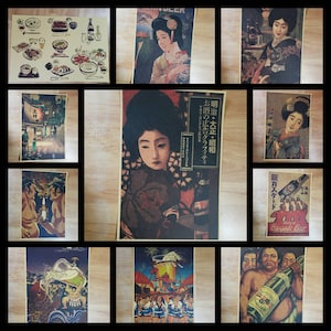 Rare Retro Old Japanese Beer Sake by Geisha and Sumo Lucky cat Posters for Personal Bar Man Cave Printing on recycling Matt Finish