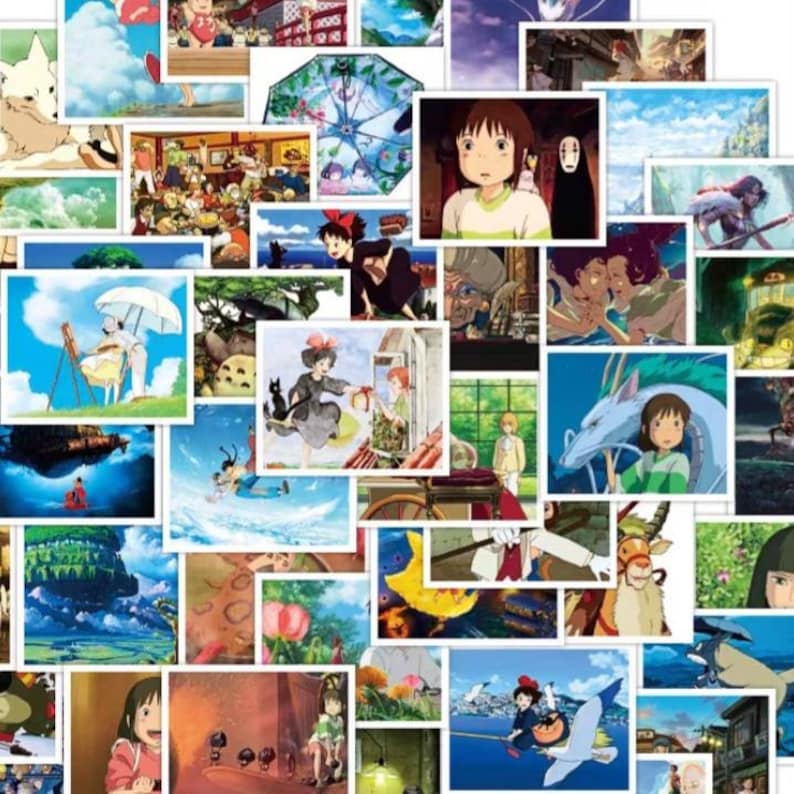 K&ouml;nnte beinhalten: Eine Collage farbenfroher Illustrationen im Anime-Stil mit Charakteren und Szenen aus verschiedenen Animationsfilmen. Die Bilder sind in quadratischen und rechteckigen Formaten und zeigen verschiedene Umgebungen und Charaktere.