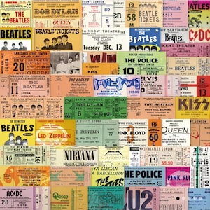 K&ouml;nnte beinhalten: Eine Collage aus Vintage-Konzertkarten mit verschiedenen K&uuml;nstlern wie den Beatles, Bob Dylan, Queen, Led Zeppelin, Pink Floyd, KISS, The Police und Nirvana. Die Tickets sind auf verschiedenen farbigen Papieren gedruckt und haben unterschiedliche Schriftarten und Designs.