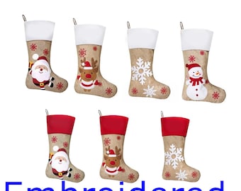Early Christmas Personalized Embordered Monogram Large X&#39;mas Stockings White or Red Cuff on Tan Burlap Christmas Decorations 18.5&quot; x 8.5&quot;