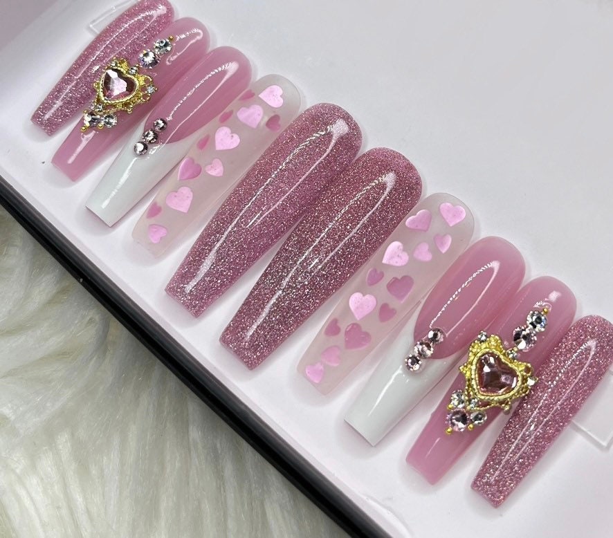 Pink Rhinestone Heart Valentine Press on Nails 