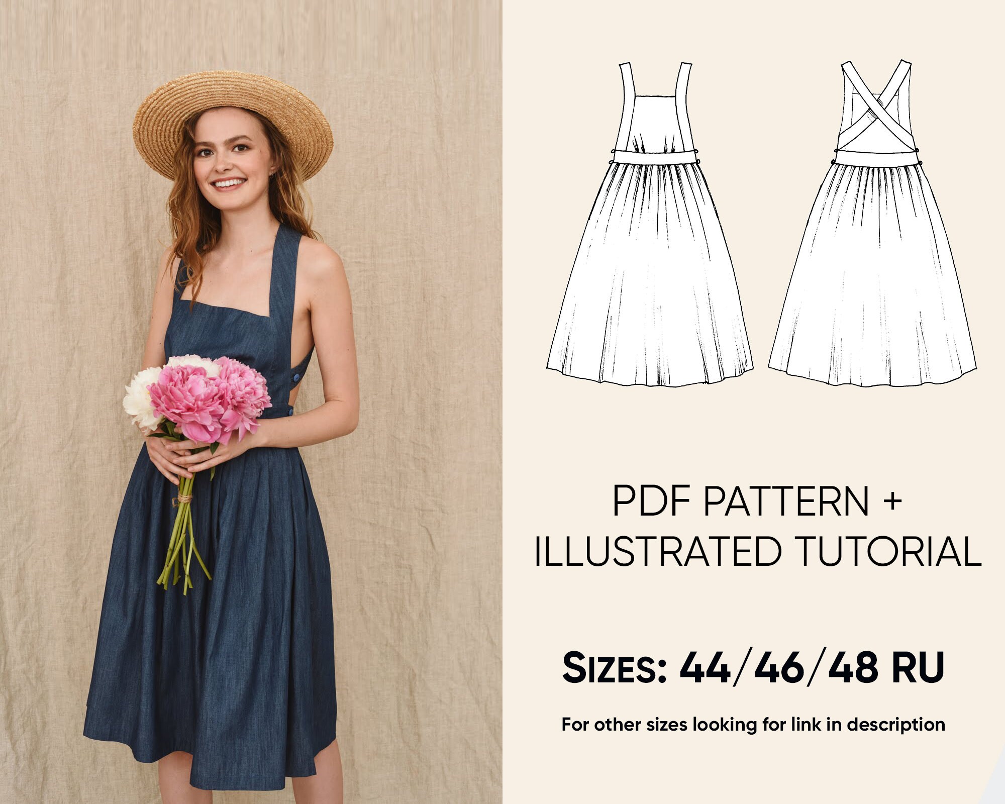 Pinafore dress PDF sewing patterns for women Sizes 44/46/48 Etsy