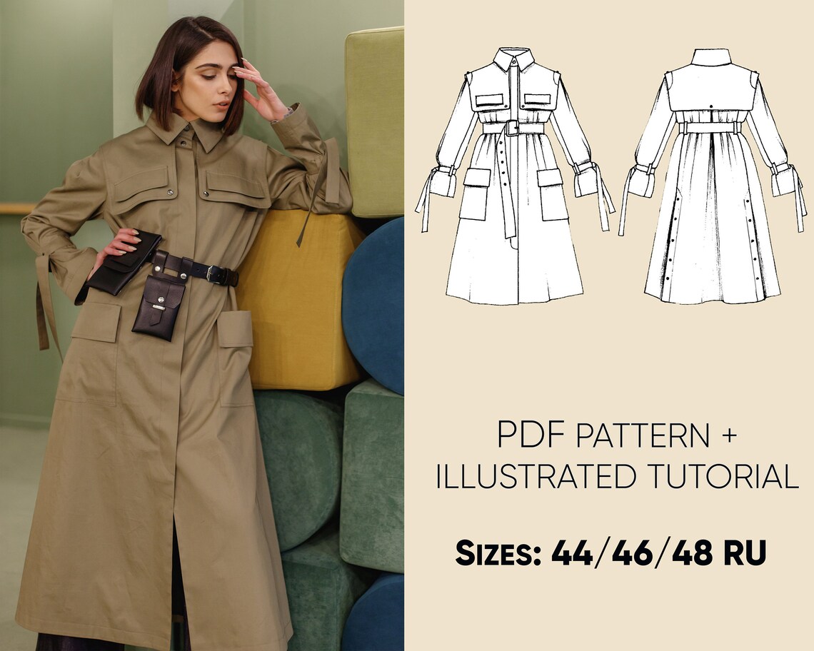 Trench coat PDF sewing pattern Sizes 44/46/48 RU Model 742 Etsy