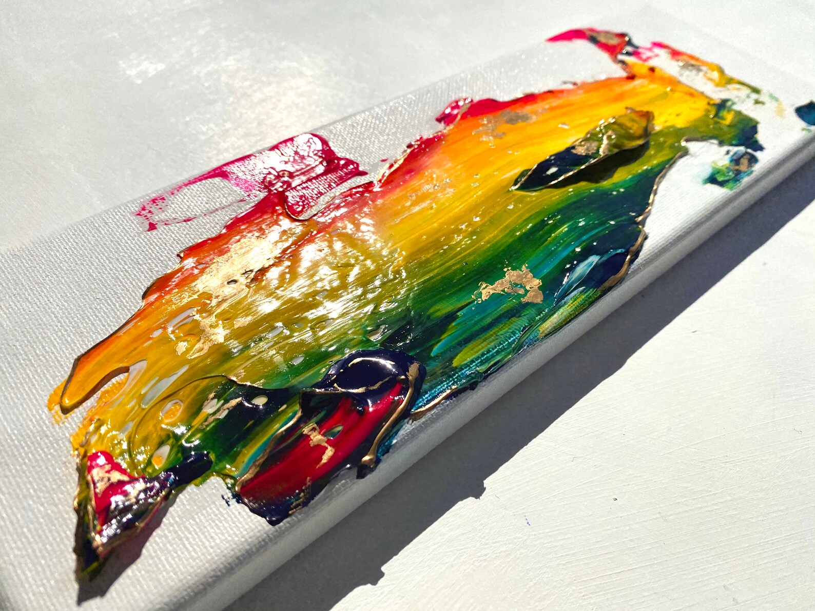 Rainbow smear painting with gold small abstract art | Etsy