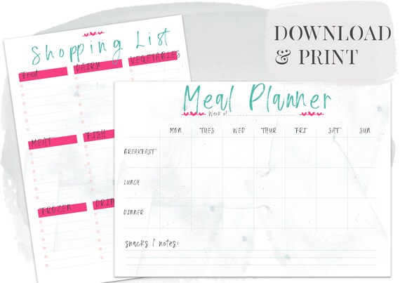 Meal Planner &amp; Shopping List Printable Menu Planner | Etsy