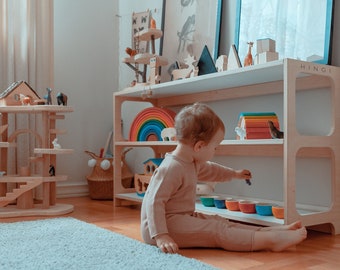 Bibliothèque pour enfants | Lowboard | Rangement de jouets | Étagère à jouets | Meubles Montessori | Bibliothèque du milieu du siècle | Meubles en contreplaqué