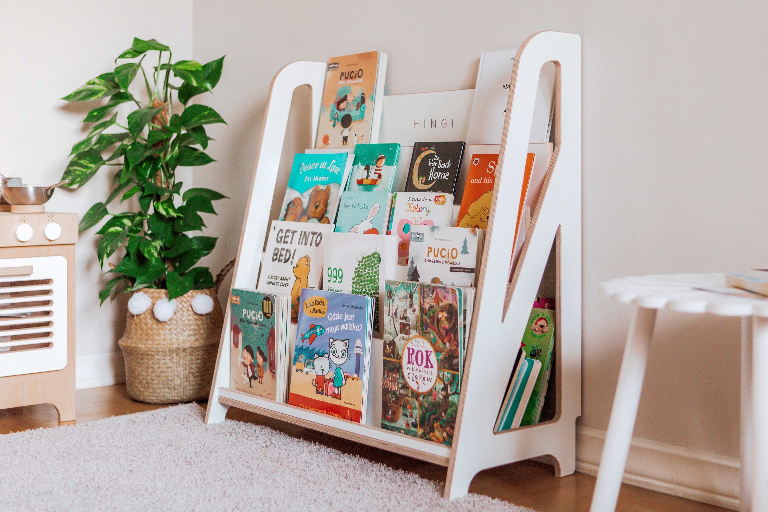 Big Montessori Bookshelf With Storage, Large White Wooden Montessori Bookcase Dollhouse Toy Storage Bench