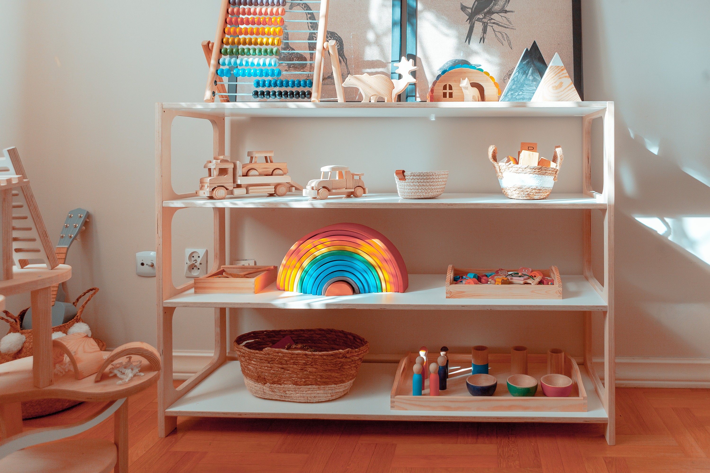 toy storage bookcase with tubs