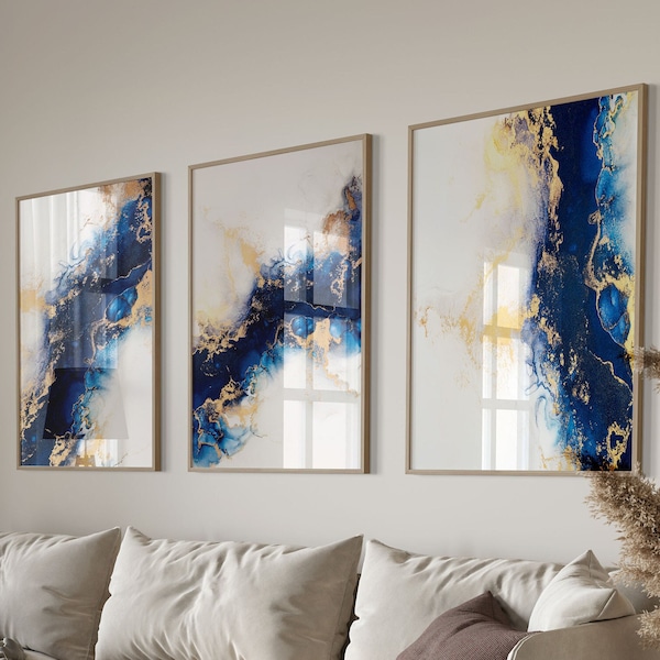 Art mural abstrait bleu, art mural en marbre, lot de 3 impressions, lot de 3 impressions bleu, art mural chambre, salon, art mural or, bleu et or