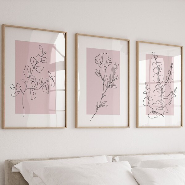 Floral Prints,Bedroom Wall Art,Pink Wall Prints,Green,Grey,Wall Art,Botanical Line Art,Plant Art,Hand Drawn Plants,Living Room Art,Home