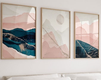 Landscape Set Of 3 Prints,Blue Wall Art,Bedroom Wall Art,Scenic Wall Art,Living Room,Blue Wall Prints,Pink,Mountain Wall Art,Abstract,Home