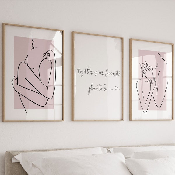 Impressions pour chambre à coucher, dessin d'un couple en un seul trait, oeuvres d'art murales roses, gris, vert sauge, décoration de la chambre, ensemble est notre endroit préféré, dessus du lit