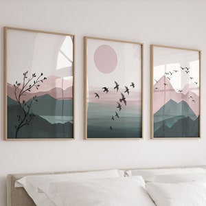 Landscape Set of 3 Prints,Living Room Art,Above Bed,Green,Pink Wall Art,Watercolour Nature Prints,Mountain,Home,Bedroom Prints,Bedroom Wall