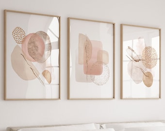 Art mural abstrait rose, or, beige, art mural de la chambre à coucher, ensemble de 3 impressions, ensemble de 3 impressions beiges, aquarelle, art mural abstrait, décoration d'intérieur, art mural