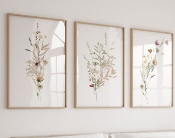 Flowers Set Of 3 Prints,Watercolour,Flower Print,Wildflower Set Of 3,Gift For Mum,Bedroom Wall Art,Home Decor,Neutral Wall Art,Living Room