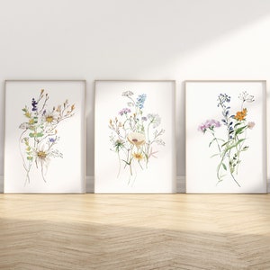 Flowers Set Of 3 Prints,Watercolour,Flower Print,Wildflower Set Of 3,Gift For Her,Bedroom Prints,Home Decor,Set of 3,Wall Art,Living Room