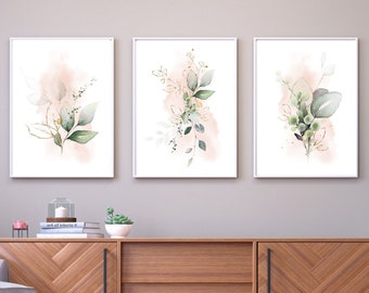 Botanical Prints,Set of 3 Green and Gold,Set of 3 Prints,Botanical Wall Art,Bedroom Prints,Living Room,Home Decor,Pink Wall Art,Pink Prints