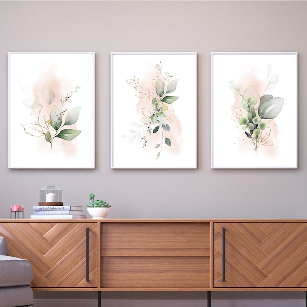 Botanical Prints,Set of 3 Green and Gold,Set of 3 Prints,Botanical Wall Art,Bedroom Prints,Living Room,Home Decor,Pink Wall Art,Pink Prints