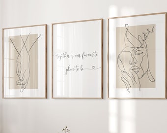 Bedroom Wall Art,One Line Drawing Couple,Grey,Beige,Valentines Gift,Bedroom Prints,Together Is Our Favourite Place To Be,Couple Gifts
