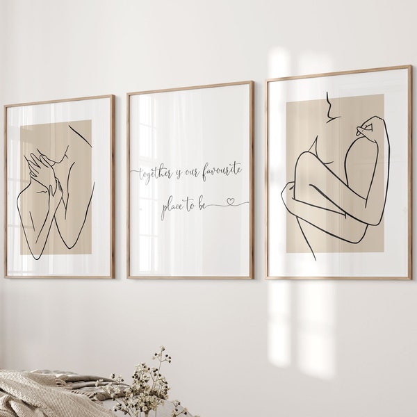 Bedroom Wall Art,One Line Drawing Couple,Grey,Beige,Bedroom Decor,Bedroom Prints,Together Is Our Favourite Place To Be,Couple Gifts