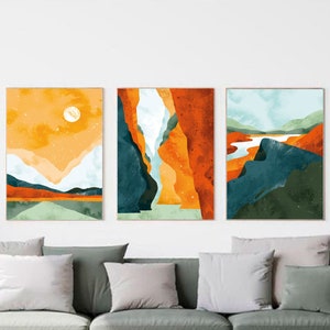 Boho Wall Art,Abstract Wall Art,Landscape Set Of 3 Prints,Terracotta,Blue,Mountain Wall Art,Bedroom Decor,Living Room Decor,Mid Century