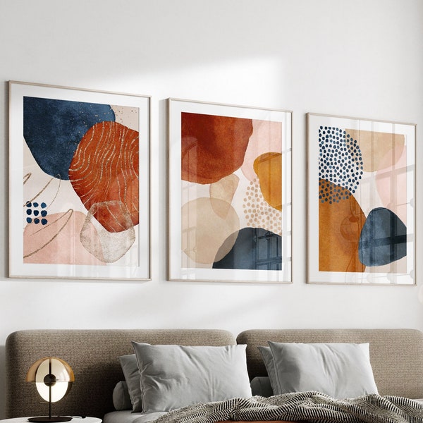 Abstract Art Prints,Terracotta Prints,Blue,Navy,Set Of 3 Wall Art,Abstract Wall Art,Home Decor,Gold Wall Art,Wall Art,Bedroom,Living Room