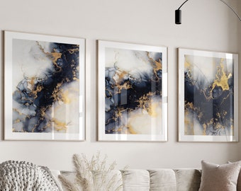 Navy And Gold Marble Wall Art Prints,Abstract Wall Art,Set Of 3 Prints,Blue and Gold Abstract Prints,Blue Poster,Gold Wall Art,Home Decor