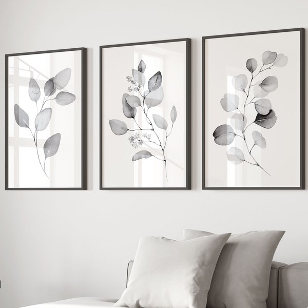 Botanical Prints,Grey Wall Art,Home Decor,Set Of 3 Prints,Eucalyptus Wall Art,Living Room Art,Grey Prints,Grey Bedroom Prints,Living Room