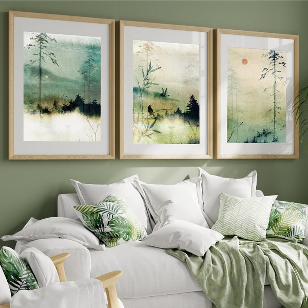 Landscape Set of 3 Prints,Japanese Decor,Living Room,Bedroom Prints,Watercolour Nature Prints,Mountain,Sage Green,Japanese Art,Home Decor