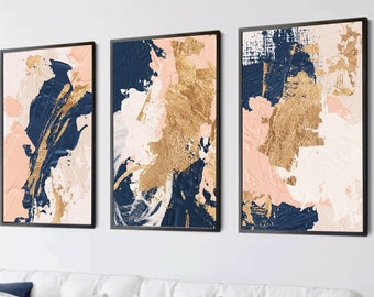 Blue And Pink Abstract Wall Art,,Navy,Gold,Living Room Art,Bedroom Wall Art,Set of 3,Set of 3 Blue Prints,Abstract Art,Home Decor,Wall Art