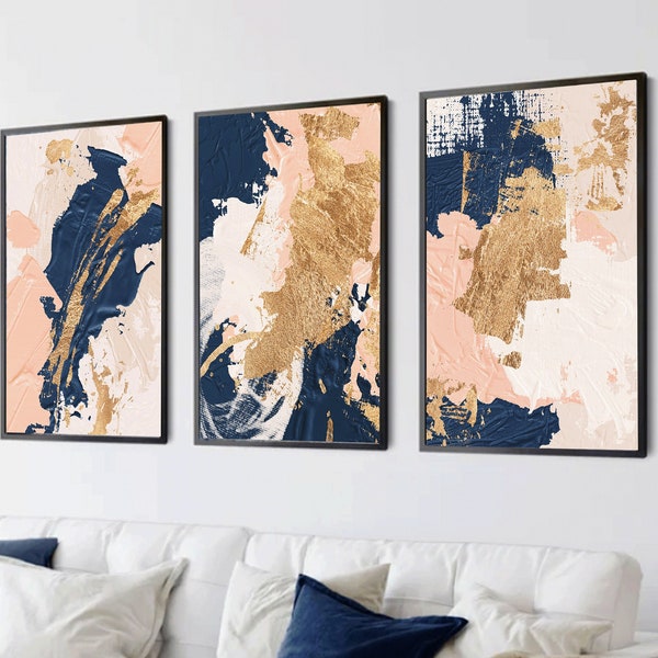 Blue And Pink Abstract Wall Art,,Navy,Gold,Living Room Art,Bedroom Wall Art,Set of 3,Set of 3 Blue Prints,Abstract Art,Home Decor,Wall Art