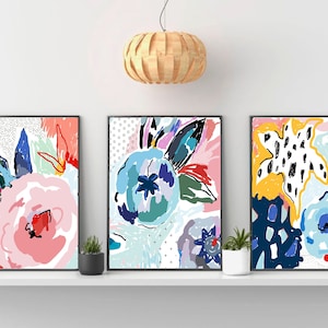 Set of 3 Flower Prints,Floral Abstract Wall Art,Set of 3 Prints,Pink,Blue,Mustard,Living Room,Bedroom,Home,Colourful Flowers,Flower Boutique
