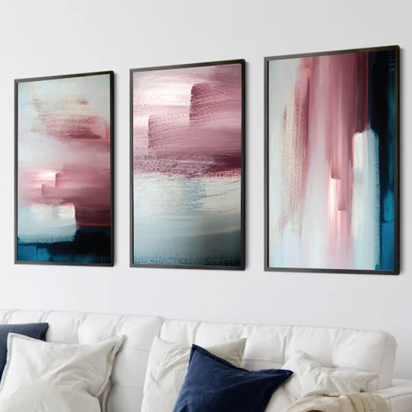 Pink And Blue Abstract Wall Art,Grey,Navy,Living Room Art,Bedroom Wall Art,Set of 3,Set of 3 Blue Prints,Abstract Art,Home Decor,Wall Art