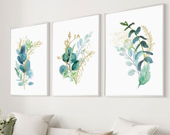 Botanical Prints,Watercolor Botanical Print Set of 3,Eucalyptus Wall Art,Blue,Gold,Living Room,Bedroom,Kitchen,Eucalyptus Set of 3,Blue