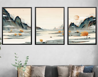 Landscape Set Of 3 Prints,Japandi Decor,Orange Wall Art,Bedroom Wall Art,Above Bed,Living Room,Wall Art,Mountain Wall Art,Abstract,Home