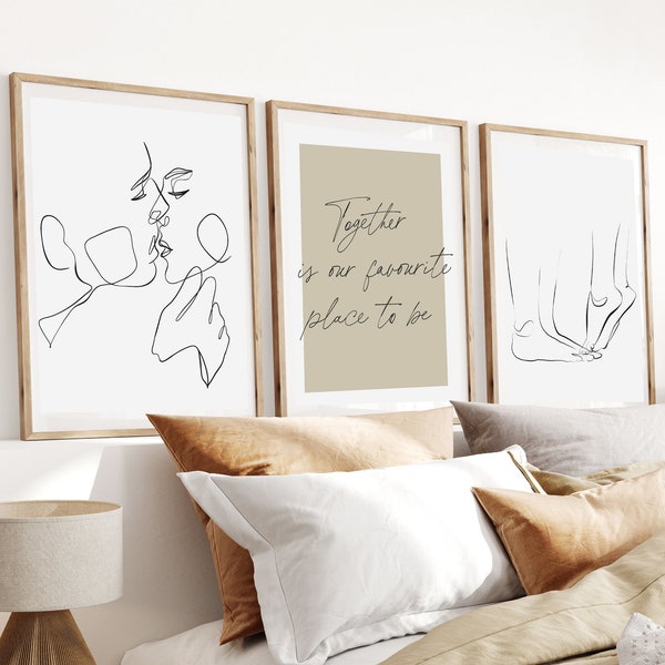Arte de la pared del dormitorio, pareja de dibujo de una línea, impresiones del dormitorio, impresión personalizada, regalo de San Valentín, regalo de aniversario, arte lineal, decoración de la pared, minimalista