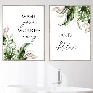 Bathroom Wall Art,Wash Your Worries Away and Relax,Bathroom Decor,Botaincal Prints,Wall Art,Bathroom Prints,Botanical,Bathroom Quote,A2