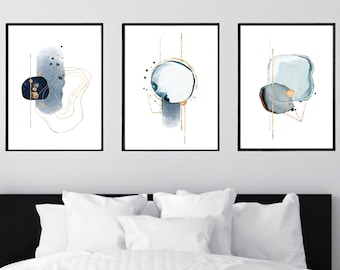 Blue And Gold Abstract Wall Art,Living Room Art,Bedroom Prints,Set of 3 Prints,Set of 3 Blue Prints,Abstract Art,Home Decor,Wall Art,Navy