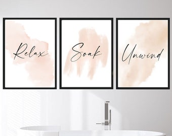 Bathroom Wall Art,Relax Soak Unwind Print,Bathroom Decor,Set of 3 Prints,Bathroom Prints,Bathroom Set of 3, Pink Wall Art,Pink Bathroom