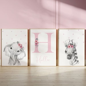 Set Of 3 Floral Animals,o,Safari Floral Animals,Set Of 3 Prints, Nursery Prints,Safari Nursery,Baby Girl Gift,Nursery Decor,Nursery Wall Art image 1