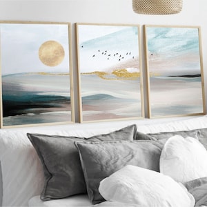 Landscape Set Of 3 Prints,Blue Wall Art,Bedroom Wall Art,Scenic Wall Art,Living Room,Birds,Blue Wall Prints,Pink,Mountain Wall Art,Abstract