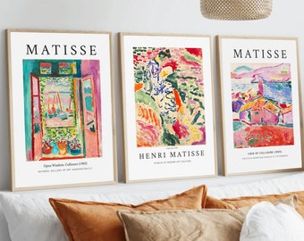 Set di 3 stampe Matisse, Arte da parete Matisse, Arte da parete di metà secolo, Arte del paesaggio, Camera da letto, Soggiorno, Mostra d'arte, Set di 3 stampe del mercato dei fiori