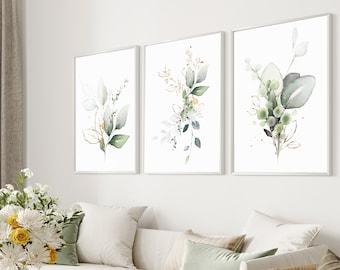 Botanical Prints,Set of 3 Green and Gold,Set of 3 Prints,Botanical Wall Art,Bedroom Wall Art,Living Room,Home,Housewarming Gift,Gift For Her