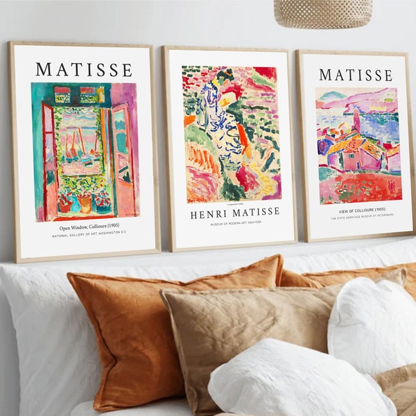 Lot de 3 estampes Matisse, oeuvre d'art murale Matisse, oeuvre d'art murale Mid-Century, art du paysage, chambre, salon, exposition d'art, lot de 3 tirages du marché aux fleurs