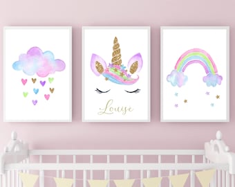 Girl Nursery Prints,Unicorn Personalised Print Set Of 3,Nursery Wall Art,Set of 3 Prints,Nursery Decor,Girls Bedroom,Girl Bedroom Prints